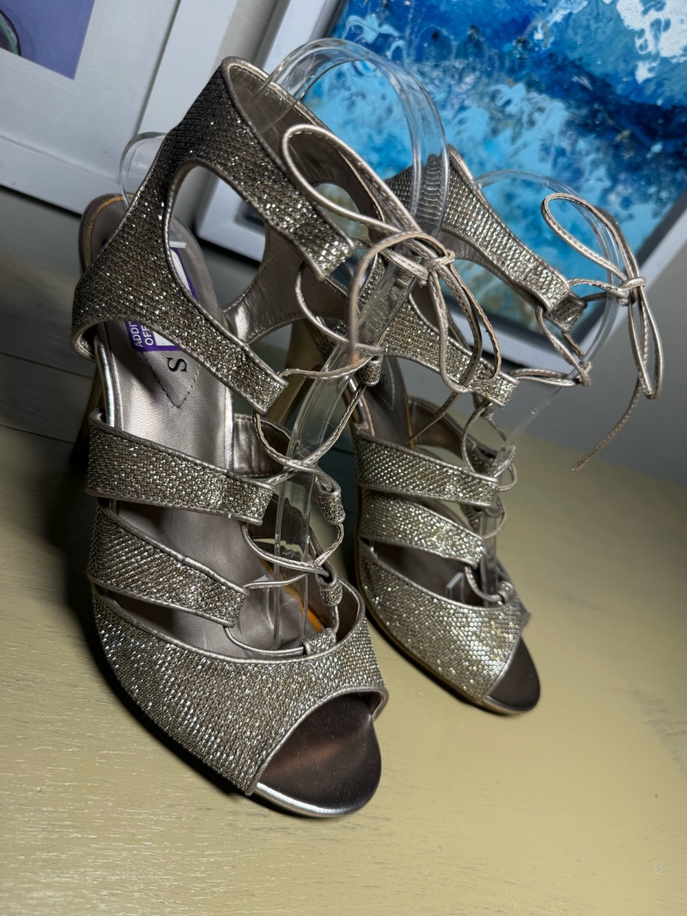 GUESS Metallic Silver Gold Lace-Up Peep-Toe Heels